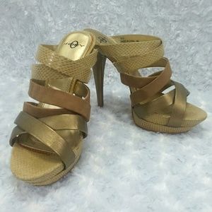 Gold Strappy Heeled Slide Sandle by Joey